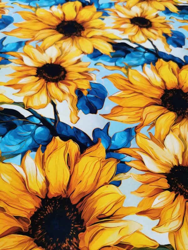 Bright yellow and green sunflower fabric wih gold, on high quality cotton lycra jersey fabric with four way stretch