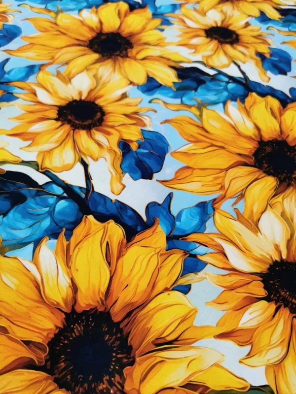 Bright yellow and green sunflower fabric wih gold, on high quality cotton lycra jersey fabric with four way stretch