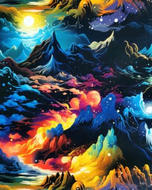 Colourful fairytale mountain landscape on high quality cotton lycra jersey fabric with four way stretch