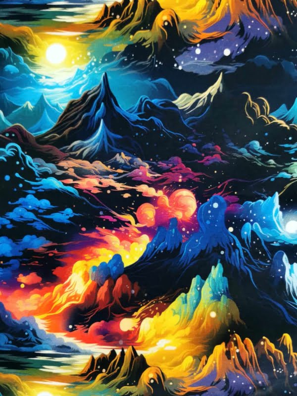 Colourful fairytale mountain landscape on high quality cotton lycra jersey fabric with four way stretch