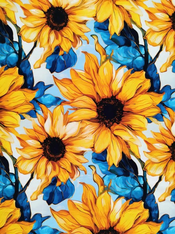 Bright yellow and green sunflower fabric wih gold, on high quality cotton lycra jersey fabric with four way stretch