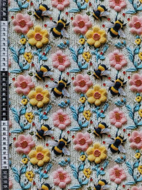 Embroidered effect bee fabric with pink and yellow flowers, four way stretch jersey