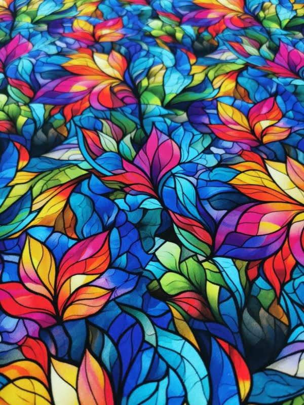 Stained Glass Rainbow colours, petal leaf design, on high quality cotton lycra jersey fabric with four way stretch