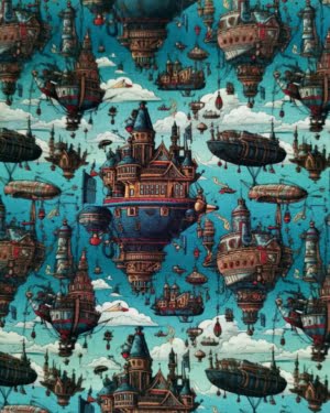 Steam punk ships in the sky on a blue base. jersey fabric with 4 way stretch