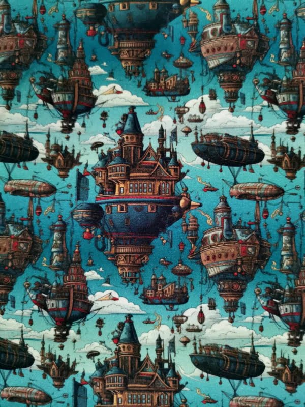 Steam punk ships in the sky on a blue base. jersey fabric with 4 way stretch