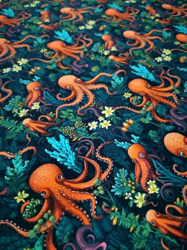 Octopus under the sea design with yellow flowers on a dark blue base. jersey fabric with 4 way stretch