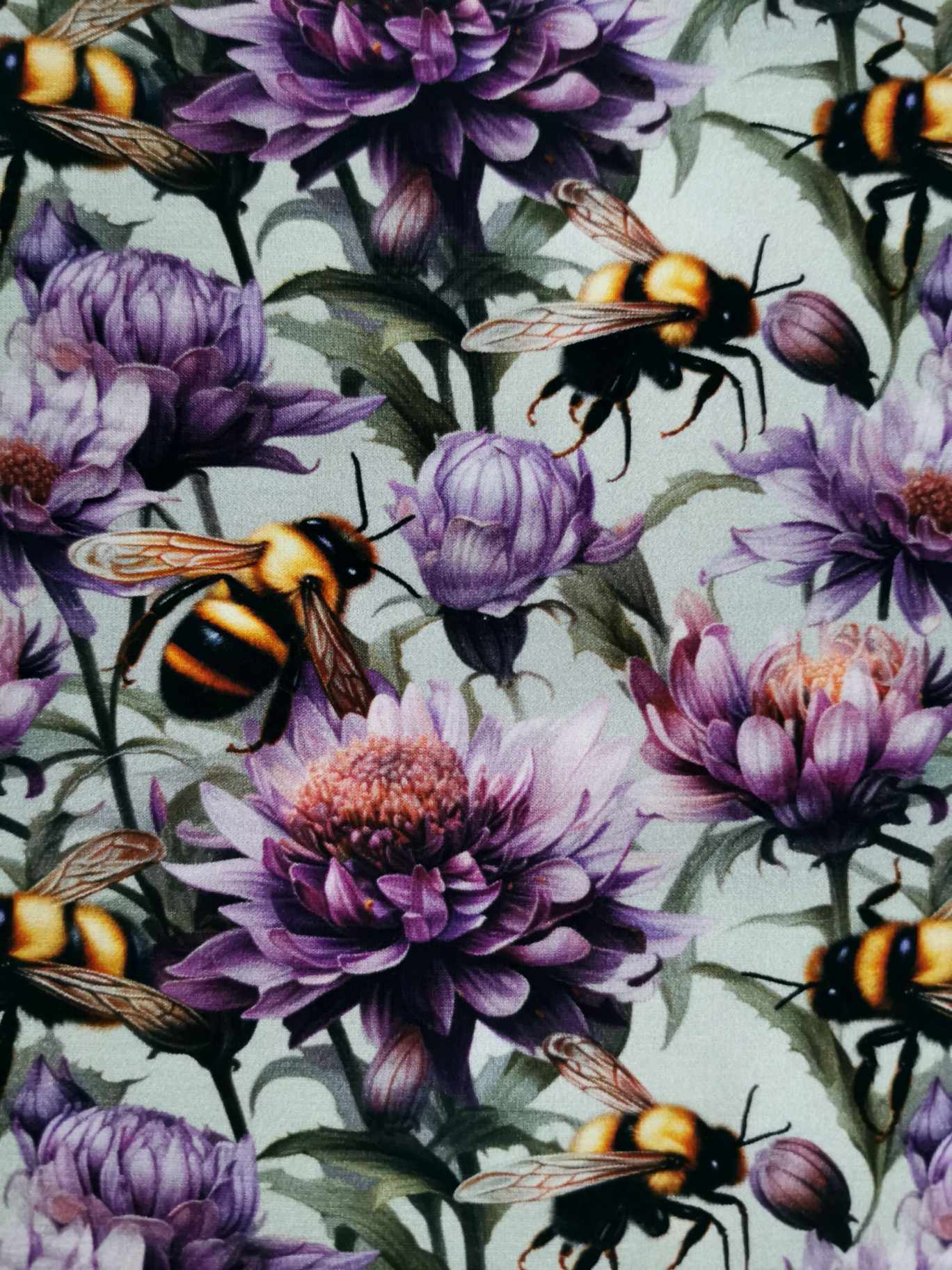 Purple Floral Bumble Bee jersey fabric with 4 way stretch