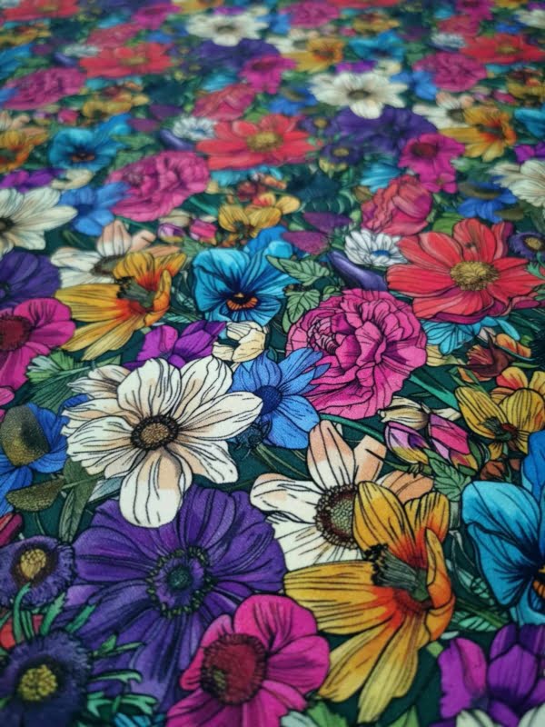 Pretty flowers, Mixed colours jersey fabric with 4 way stretch