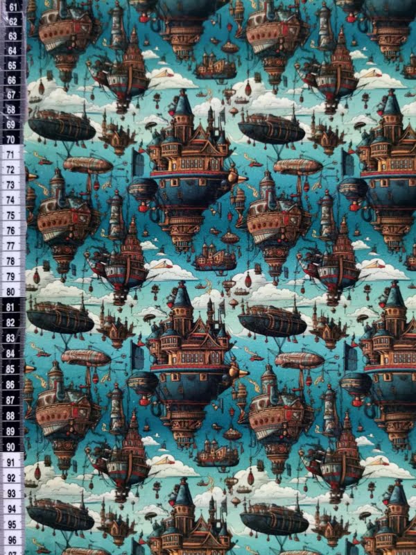 Steam punk ships in the sky on a blue base. jersey fabric with 4 way stretch