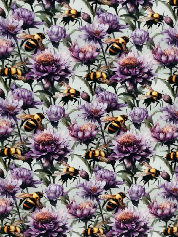 Purple Floral Bumble Bee jersey fabric with 4 way stretch