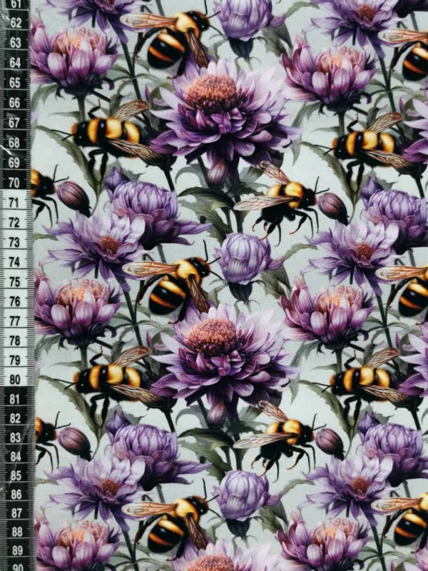 Purple Floral Bumble Bee jersey fabric with 4 way stretch