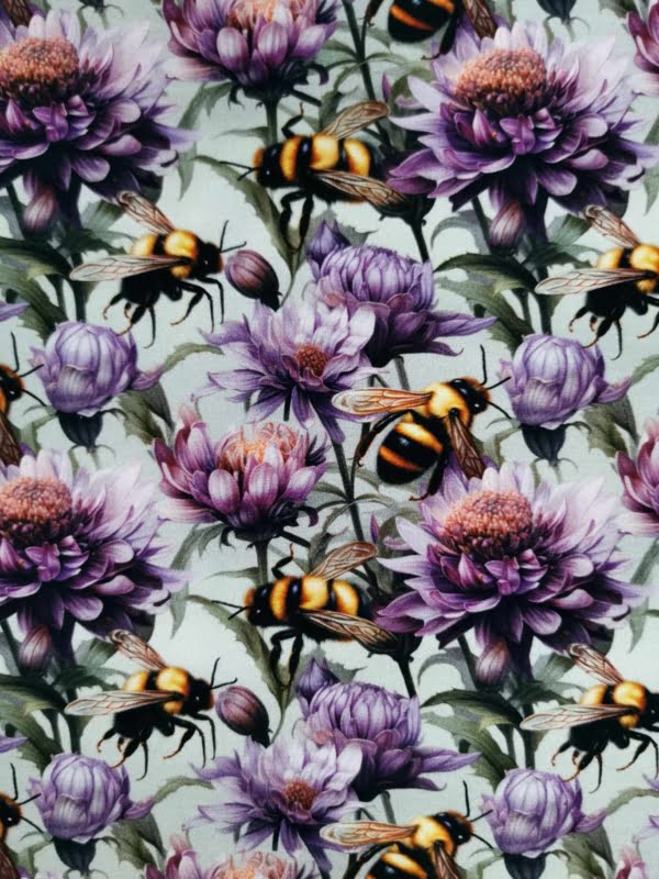 Purple Floral Bumble Bee jersey fabric with 4 way stretch