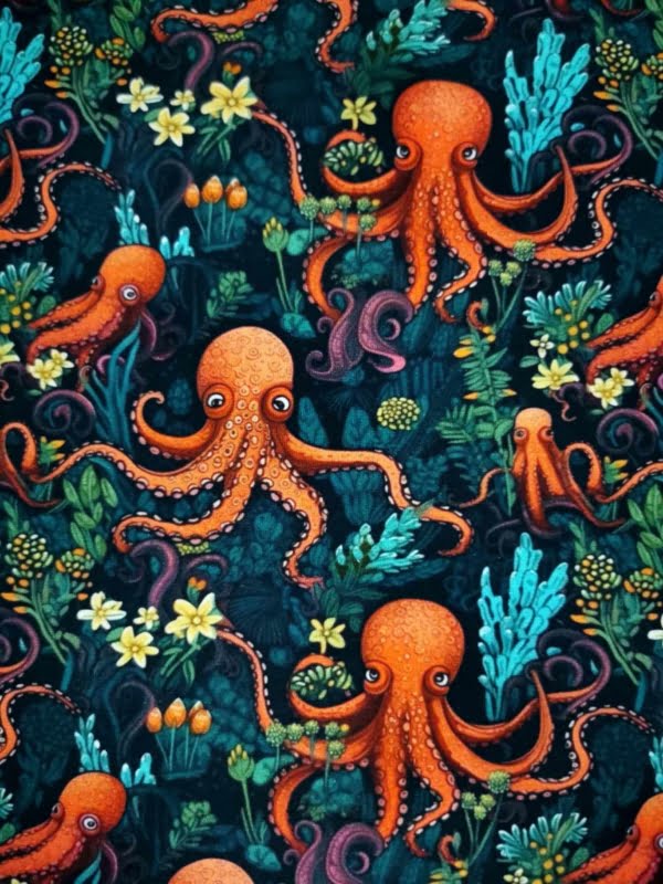 Octopus under the sea design with yellow flowers on a dark blue base. jersey fabric with 4 way stretch