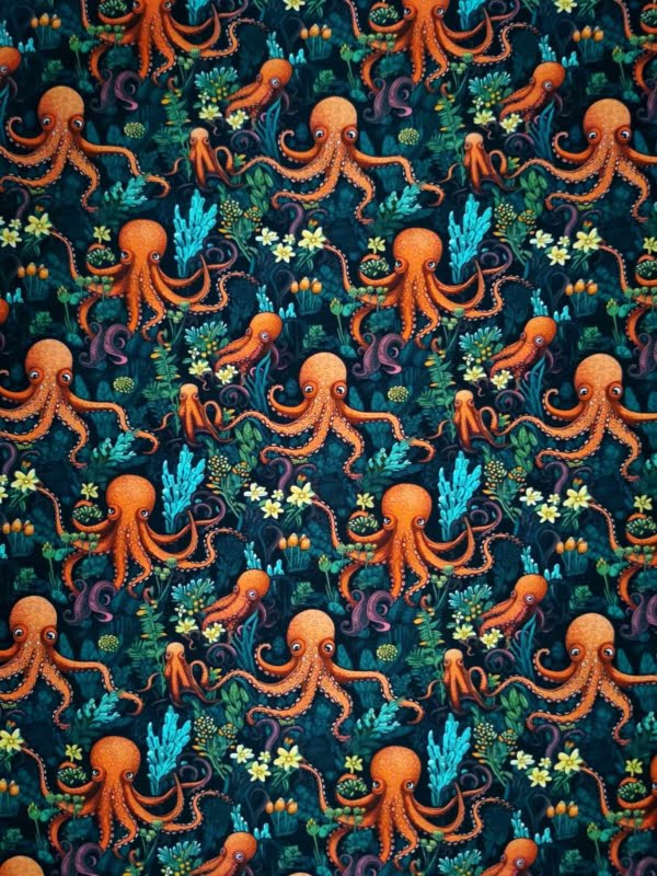 Octopus under the sea design with yellow flowers on a dark blue base. jersey fabric with 4 way stretch