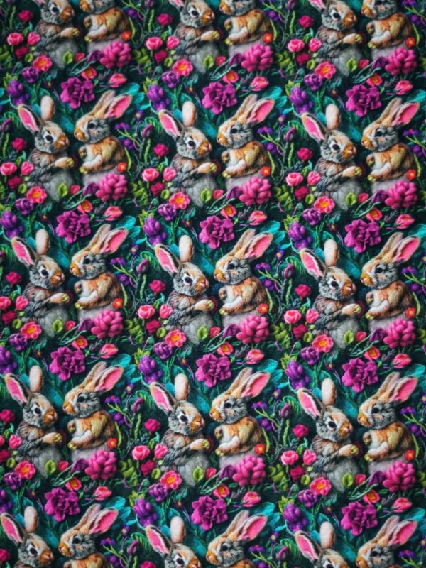 Adorable Bunny rabbits wirh pink and purple flowers. jersey fabric with 4 way stretch