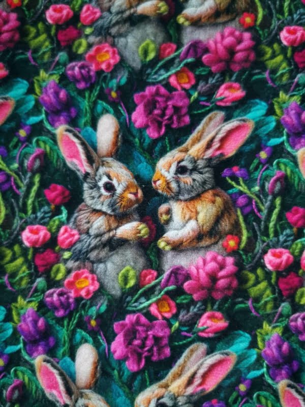 Adorable Bunny rabbits wirh pink and purple flowers. jersey fabric with 4 way stretch