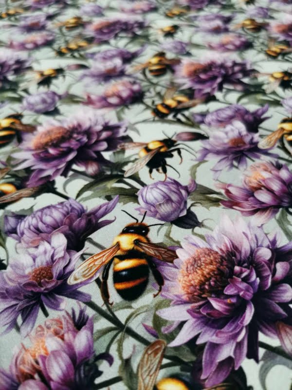 Purple Floral Bumble Bee jersey fabric with 4 way stretch