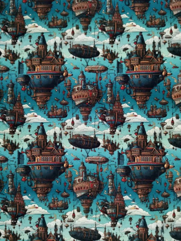 Steam punk ships in the sky on a blue base. jersey fabric with 4 way stretch