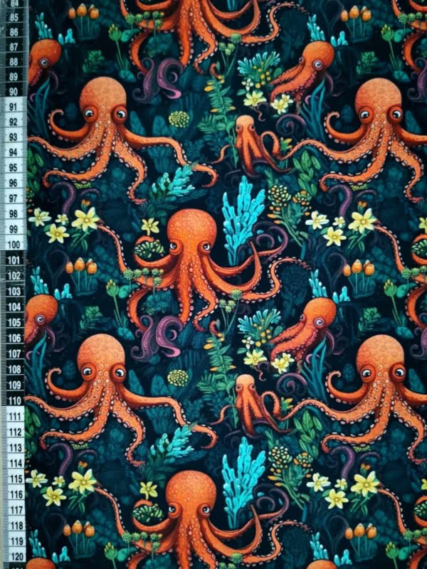 Octopus under the sea design with yellow flowers on a dark blue base. jersey fabric with 4 way stretch