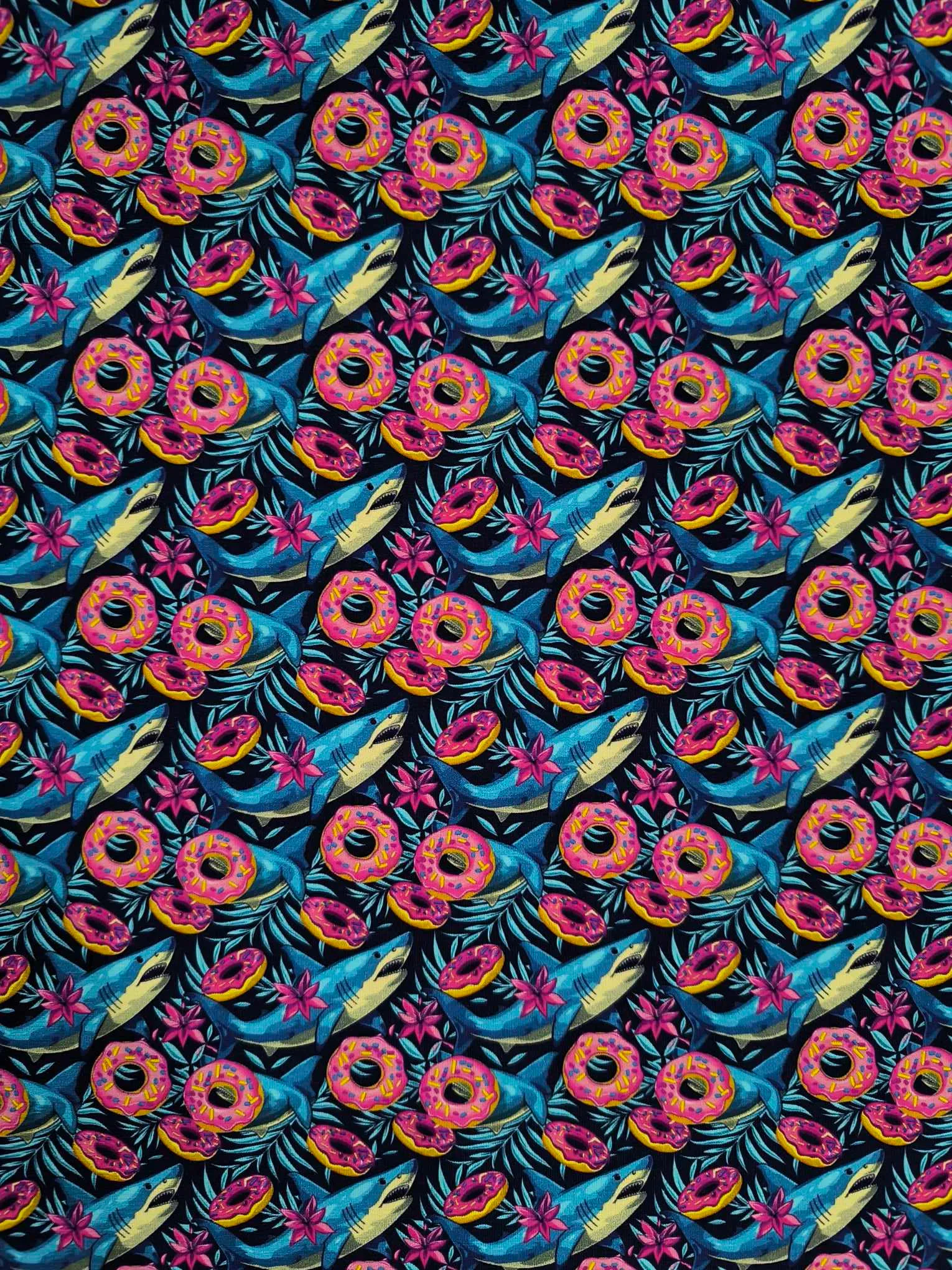Shark Donut Jersey Fabric £16.50pm 7 Friendly sharks swimming around with donuts, fun child friendly design, which has been digitally printed on Stretch Cotton Jersey Fabric