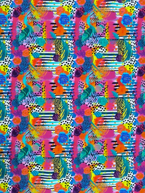 Cool lines and shapes, with vibrant colours on this geometric abstract deisgn, which has been digitally printed on Stretch Cotton Jersey Fabric