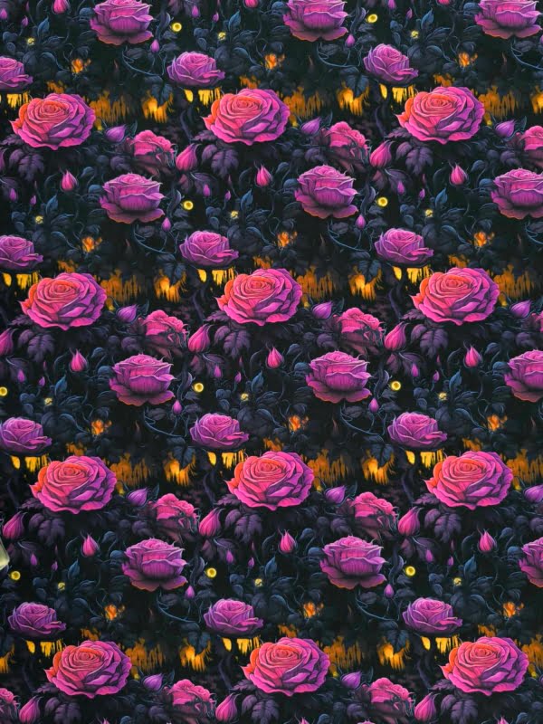 Pink, purple roses on a dark background, spooky but pretty deisgn on Stretch Cotton Jersey Fabric