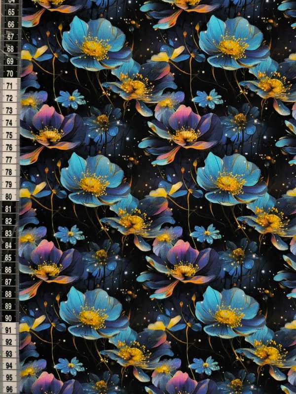 Blue flowers, on a dark background with elements of firefly glow with the floral, which has been digitally printed on Stretch Cotton Jersey Fabric