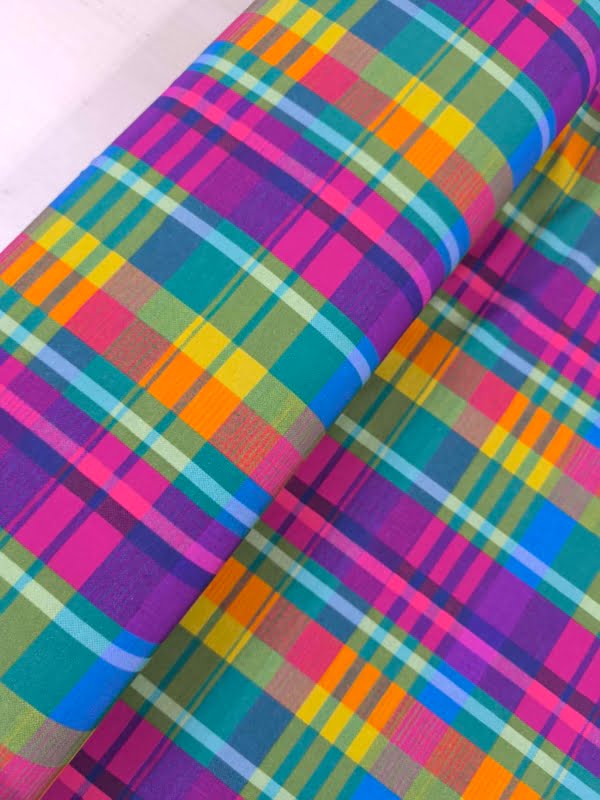 Rainbow tartan stripes and squares, vibrant colourful deisgn on Stretch Cotton Jersey Fabric