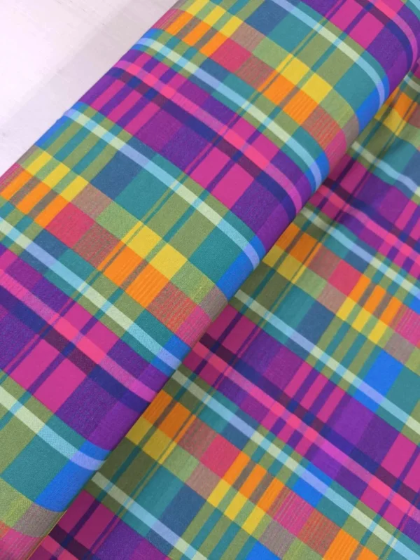 Rainbow tartan stripes and squares, vibrant colourful deisgn on Stretch Cotton Jersey Fabric