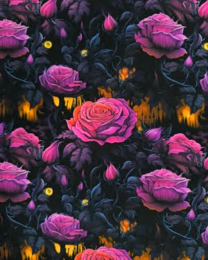 Pink, purple roses on a dark background, spooky but pretty deisgn on Stretch Cotton Jersey Fabric