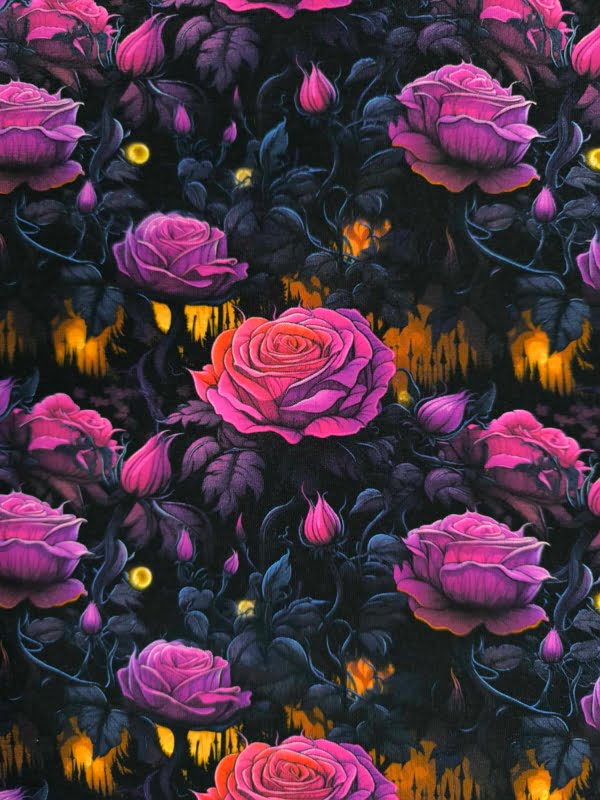 Pink, purple roses on a dark background, spooky but pretty deisgn on Stretch Cotton Jersey Fabric