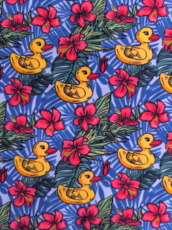 rubber Ducks Hawaiian floral and leaves. which has been digitally printed on Stretch Cotton Jersey Fabric