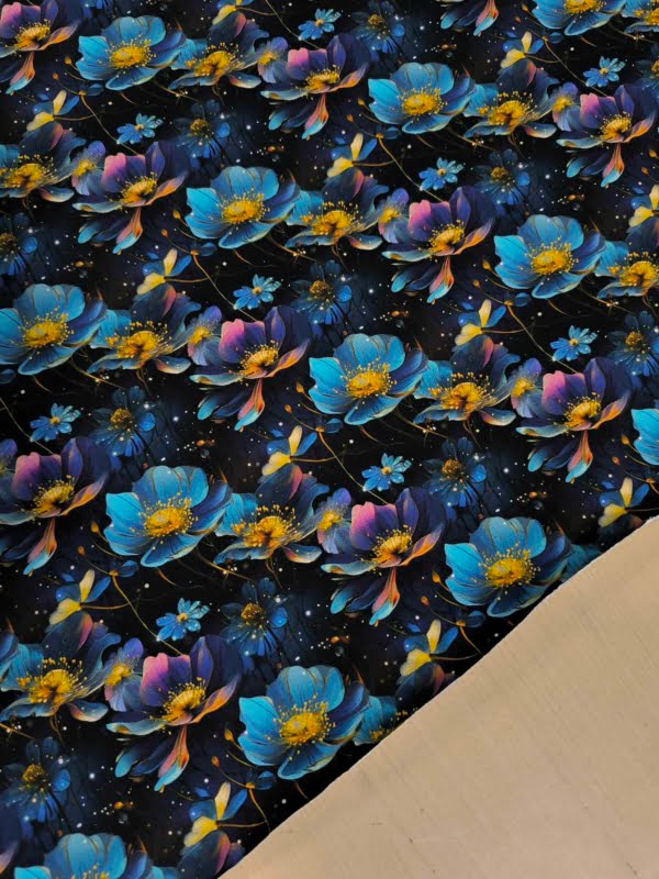 Blue flowers, on a dark background with elements of firefly glow with the floral, which has been digitally printed on Stretch Cotton Jersey Fabric