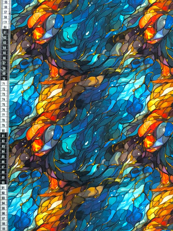 Blue and orange waves in a stained glass effect, which has been digitally printed on Stretch Cotton Jersey Fabric