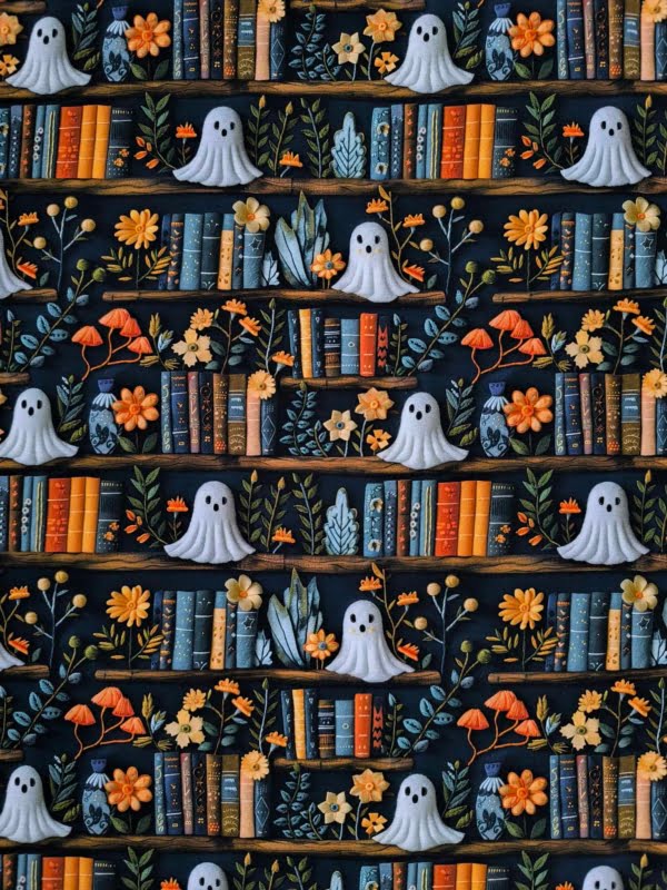 Cute Ghosts on book shelf, with colourful books, on cotton lycra jersey fabric