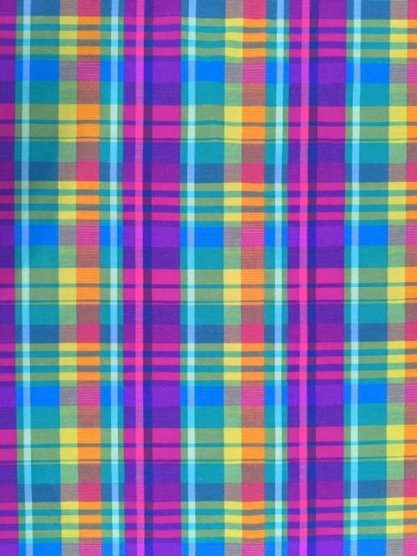 Rainbow tartan stripes and squares, vibrant colourful deisgn on Stretch Cotton Jersey Fabric