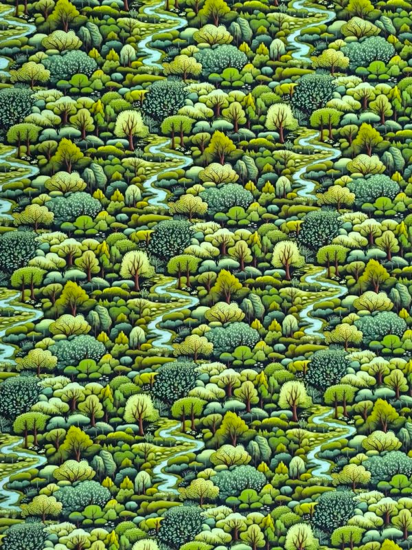 A design of a Green forest with lots of trees and a stream running through it, on Stretch Cotton Jersey Fabric