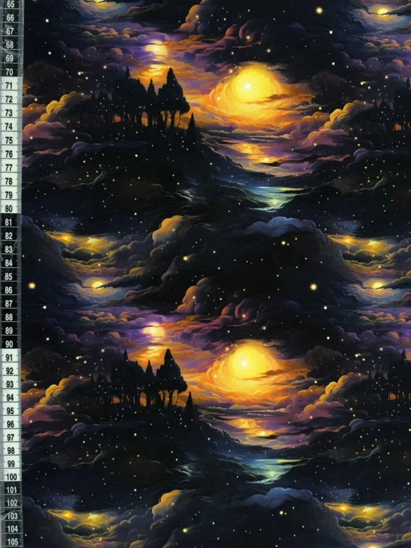 Deep Purple Woodland with clouds, lit up by the sun, on Stretch Cotton Jersey Fabric