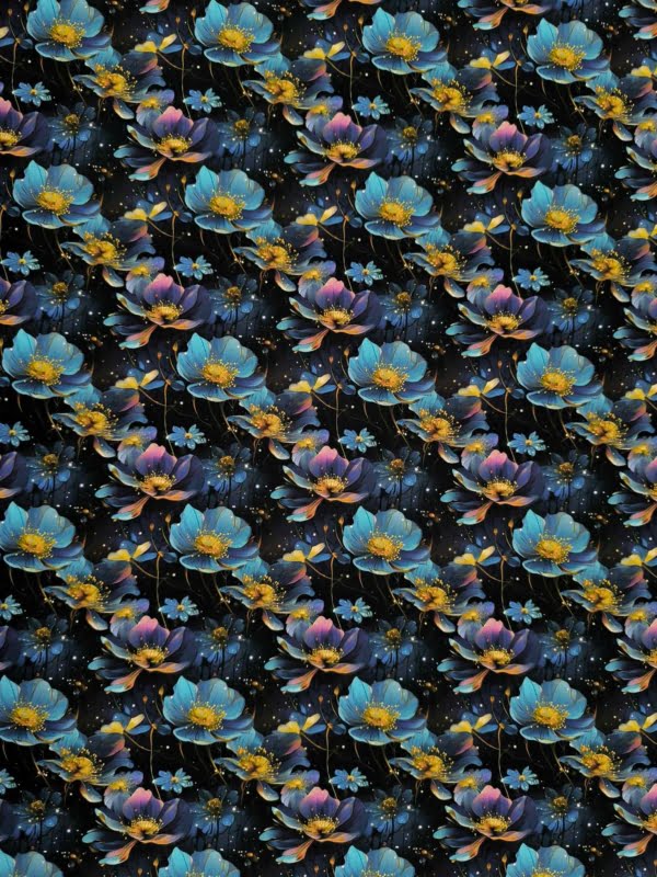 Blue flowers, on a dark background with elements of firefly glow with the floral, which has been digitally printed on Stretch Cotton Jersey Fabric