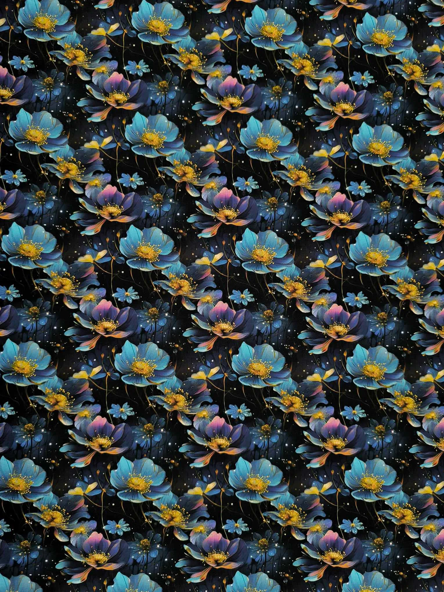Blue flowers, on a dark background with elements of firefly glow with the floral, which has been digitally printed on Stretch Cotton Jersey Fabric
