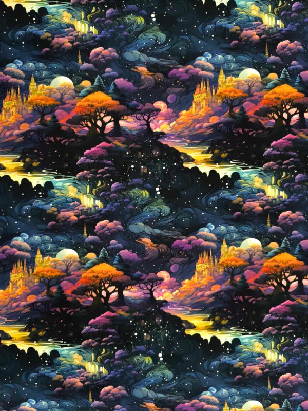 Fantasy inspired fairytale forest woodland, which has been digitally printed on Stretch Cotton Jersey Fabric