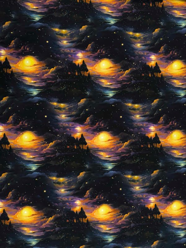 Deep Purple Woodland with clouds, lit up by the sun, on Stretch Cotton Jersey Fabric