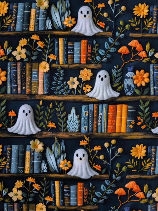 Cute Ghosts on book shelf, with colourful books, on cotton lycra jersey fabric