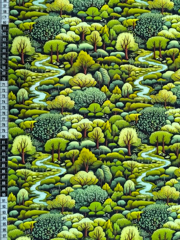 A design of a Green forest with lots of trees and a stream running through it, on Stretch Cotton Jersey Fabric