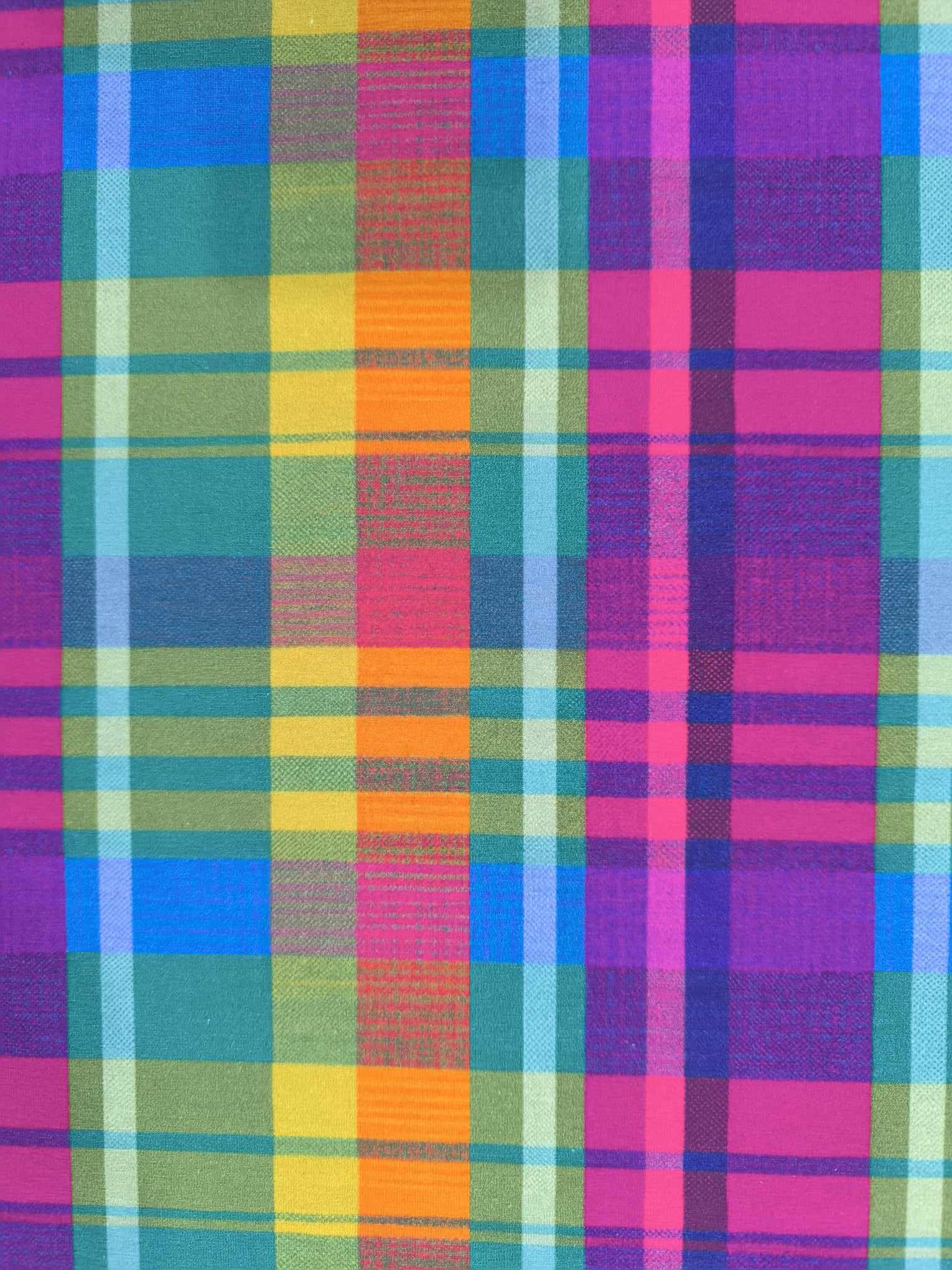 Rainbow tartan stripes and squares, vibrant colourful deisgn on Stretch Cotton Jersey Fabric