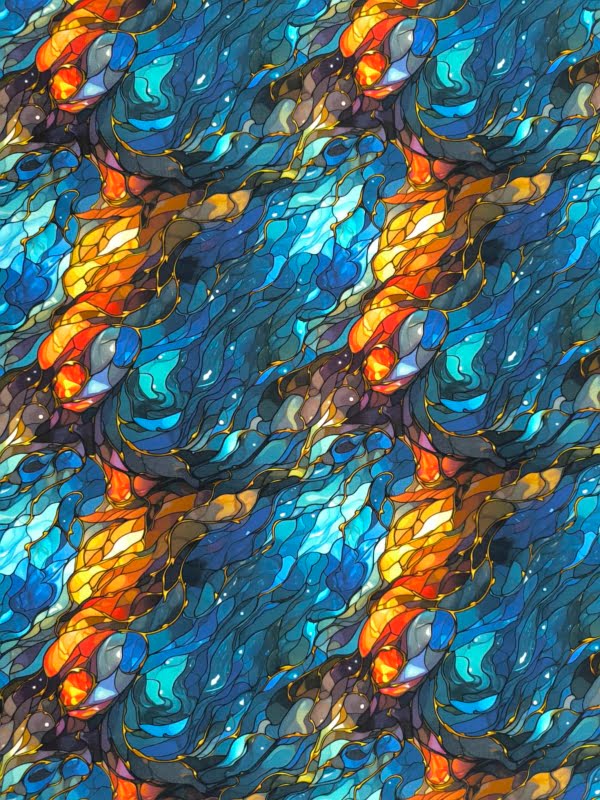 Blue and orange waves in a stained glass effect, which has been digitally printed on Stretch Cotton Jersey Fabric