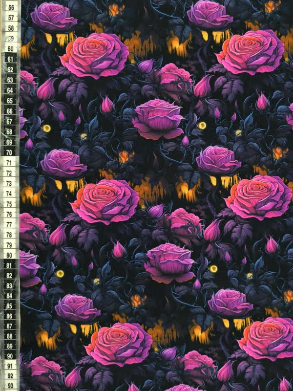 Pink, purple roses on a dark background, spooky but pretty deisgn on Stretch Cotton Jersey Fabric