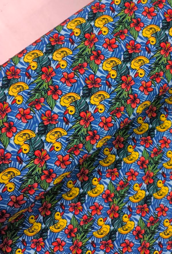 rubber Ducks Hawaiian floral and leaves. which has been digitally printed on Stretch Cotton Jersey Fabric