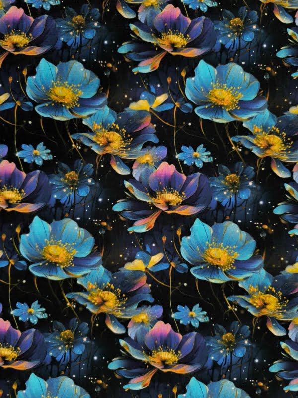 Blue flowers, on a dark background with elements of firefly glow with the floral, which has been digitally printed on Stretch Cotton Jersey Fabric