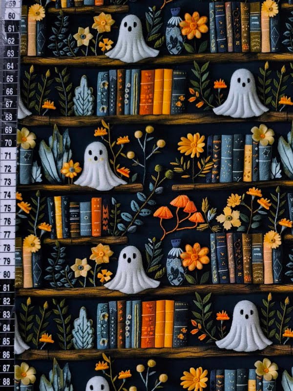 Cute Ghosts on book shelf, with colourful books, on cotton lycra jersey fabric